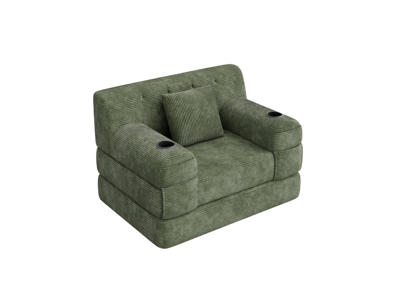 Canapé compressé convertible 1 place en velours côtelé vert avec 4 poches et 2 porte-gobelets - Conforama A