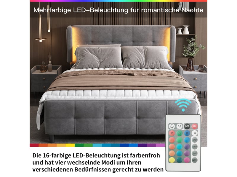  Lit double 140x200cm, velours gris, bandeau led multicolore, dossier réglable, tête et pied matelassés, style élégant  - Conforama E
