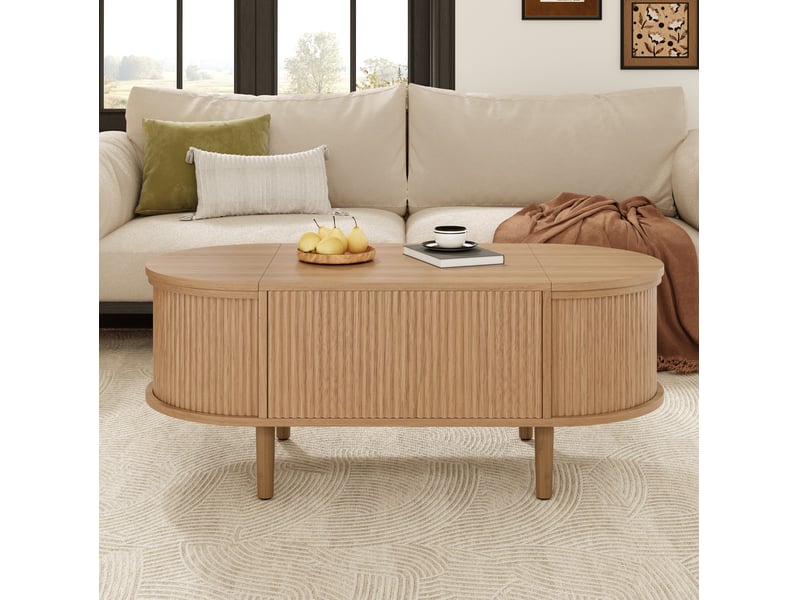 Table basse 100x48x53,5 cm, plateau escamotable, espace de rangement, style vintage, pour salon, en bois et mdf, chêne  - Conforama D