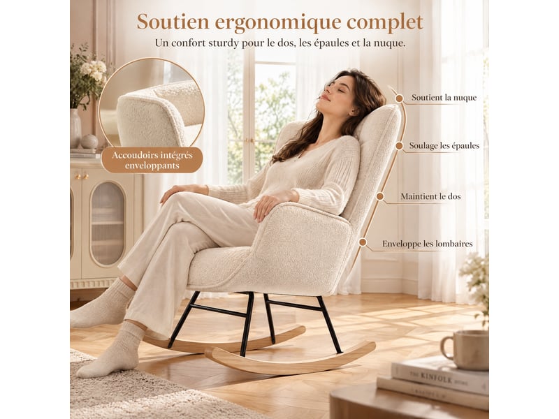  Fauteuil à bascule, rocking chair, tissu teddy peluche, chaise à bascule scandinave, fauteuil allaitement, pour chambre d' enfant salon balcon, beige  - Conforama D