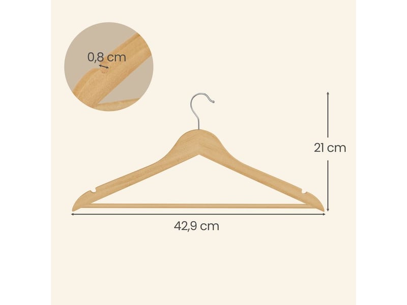  Cintres en bois pour costumes, lot de 50, avec encoches, 43 x 0,8 x 21 cm, naturel  - Conforama D