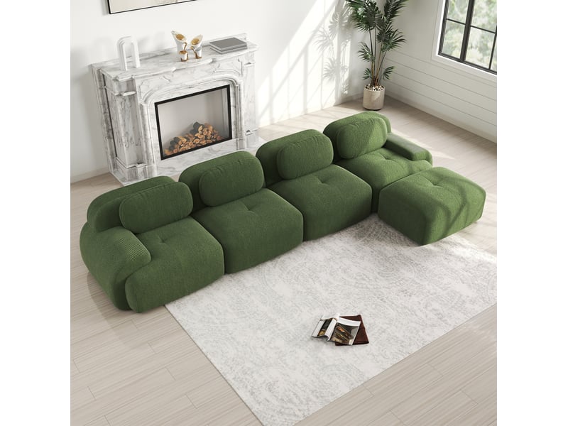 Canapé d'angle modulable 4 places en velours côtelé vert, sans montage, avec méridienne pour grand salon - Conforama E