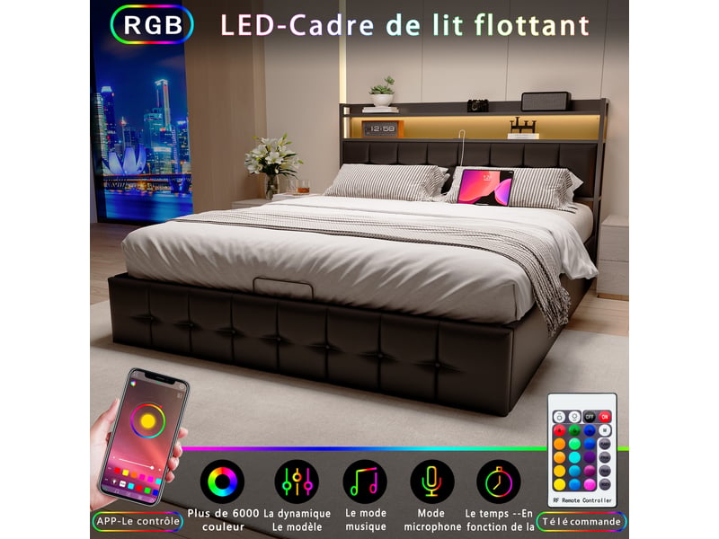  Lit coffre 160 x 200 cm avec sommier, lit double rembourré ,hydraulique, led,usb et de type c, lit 2 personnes, pu, noir  - Conforama W