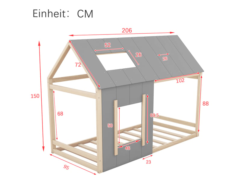  Lit enfant cabane 90x200 cm coloris naturel et gris  - Conforama C