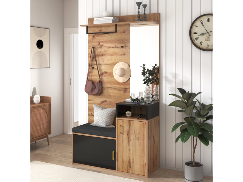  Armoire pour entrée avec miroir - banc et patère - armoire à chaussures - mdf et panneaux de particules - 105 x 38,5 x 190,5 cm - naturel  - Conforama B
