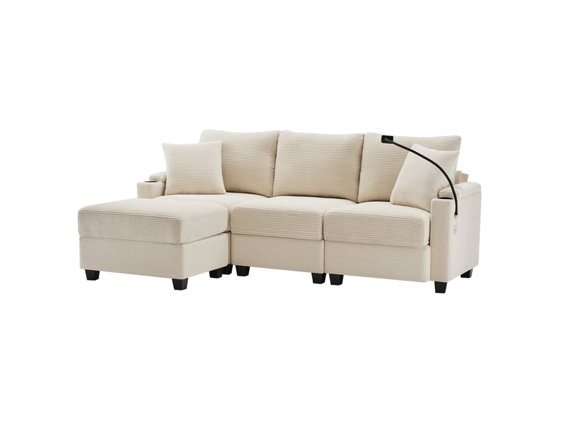 Canapé d'angle 3 places en velours côtelé beige avec pouf, porte-gobelets et usb - Conforama A