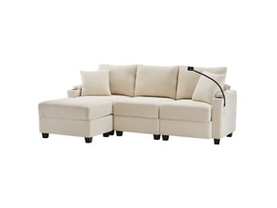 Canapé d'angle 3 places en velours côtelé beige avec pouf, porte-gobelets et usb