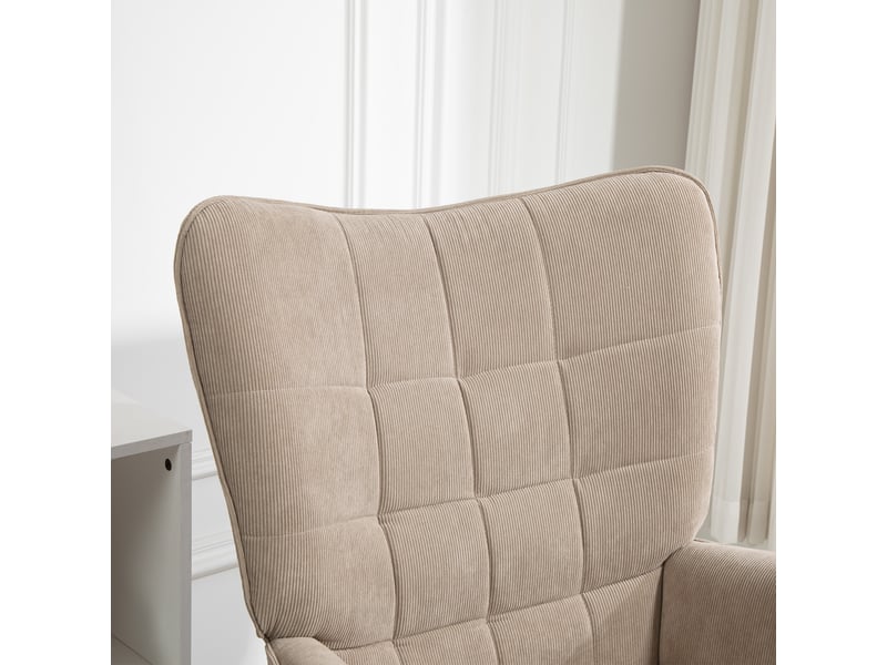  Fauteuil à oreilles et son repose-pieds piètement bois velours côtelé dossier effet capitonné marron clair  - Conforama D