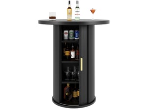 Table de bar, 60x60x91,6 cm, ronde avec espace de rangement, design moderne, plateau mdf, piètement métal, coloris noir