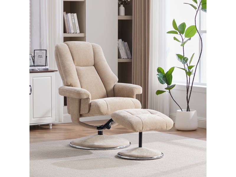  Fauteuil relax avec repose-pieds, dossier réglable à 145°, pivotant à 360°, chenille taupe clair  - Conforama C