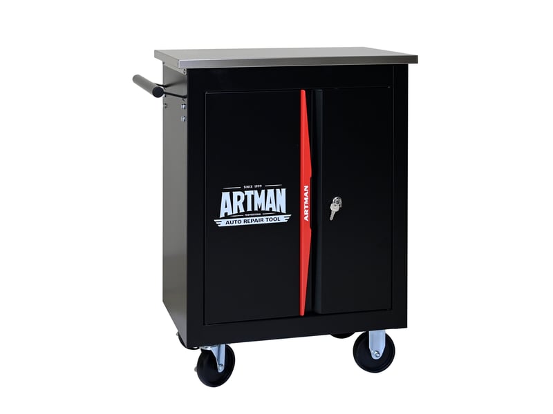  Meuble de rangement à roulettes avec 2 portes, serrure et plateau pour garage, acier noir et rouge, 62,5 × 34,5 × 78 cm  - Conforama A
