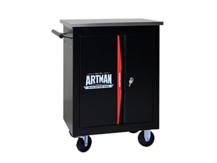 Meuble de rangement à roulettes avec 2 portes, serrure et plateau pour garage, acier noir et rouge, 62,5 × 34,5 × 78 cm