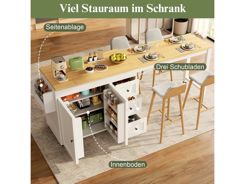  Îlot de cuisine extensible à roulettes avec 3 tiroirs et rangement - lpospi - plateau coulissant mdf métal blanc  - Conforama E