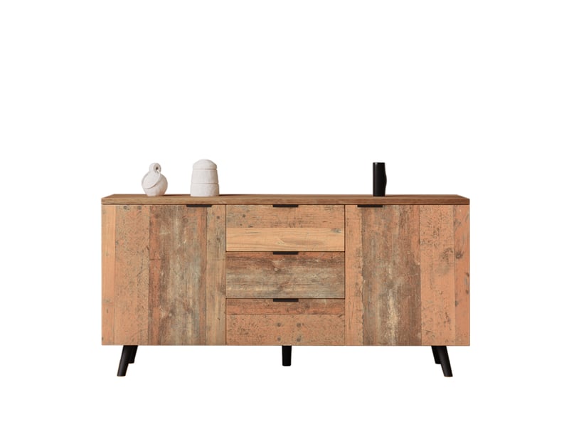  Meuble tv vintage 140x35x70 cm, 3 tiroirs et 2 portes, marron antique  - Conforama A