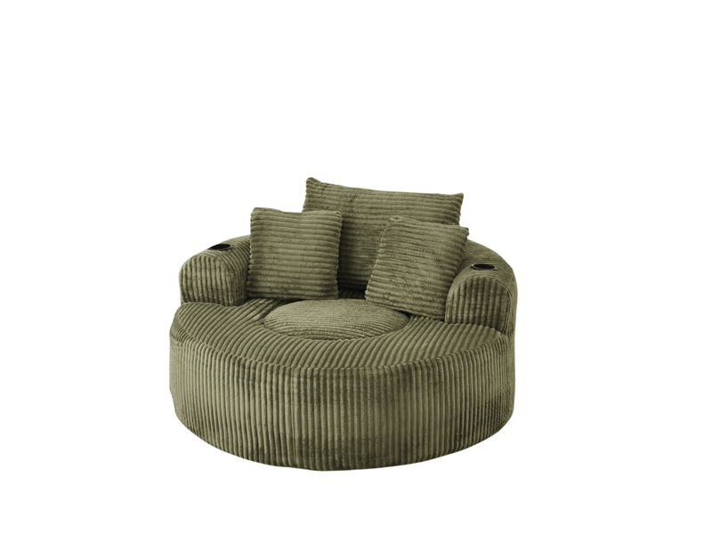  Fauteuil lounge rond 1 place – vert – velours côtelé, 3 coussins amovibles, porte-gobelets et poches latérales  - Conforama A