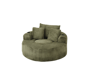 Fauteuil lounge rond 1 place – vert – velours côtelé, 3 coussins amovibles, porte-gobelets et poches latérales