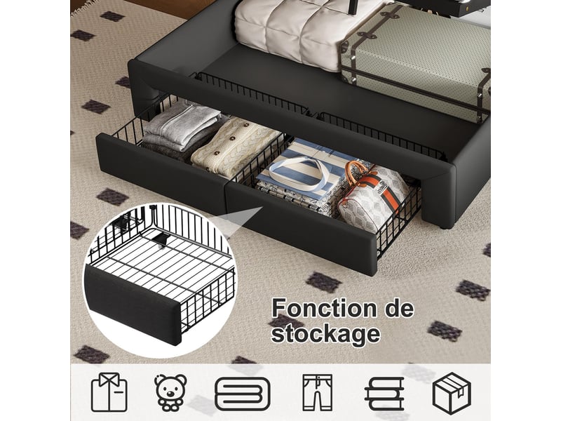  Lit coffre 140x190cm - lit double 140x190 - avec 2 tiroirs, tête de lit rangement rabattable, led, usbtype-c - gris foncé  - Conforama D