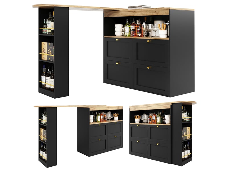  Table de bar 105 x 39 x 102 cm avec 4 tiroirs, rangements ouverts et plateau pivotant à 360°, noir  - Conforama A