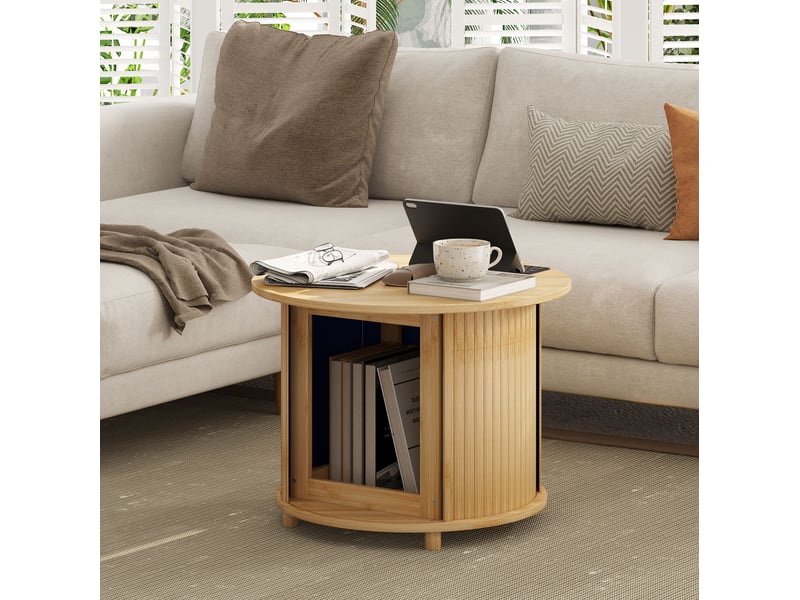 Table basse ronde moderne avec rangement dissimulé et porte coulissante en bambou naturel pour salon ø60 × 45 cm - Conforama E