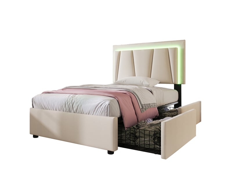  Lit simple 90x200 cm éclairage led et 2 tiroirs en bois beige  - Conforama A