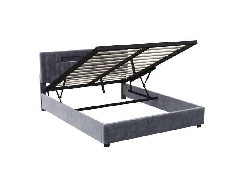 Lit coffre 2 places 160x200 cm, lit adulte avec rangement, tête de lit avec led, design simple, velours gris - Conforama E