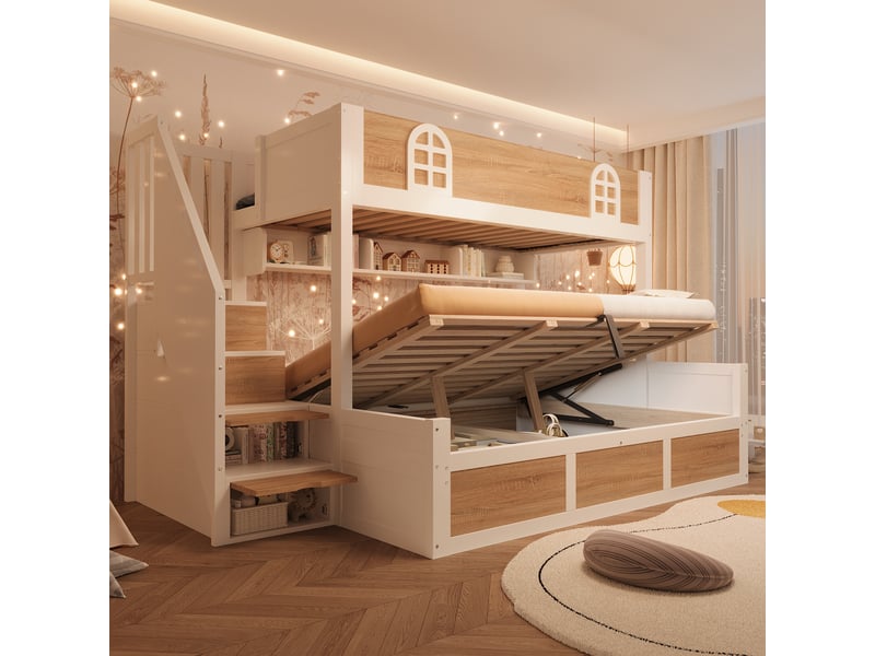 Lit superposé enfant 3 places 90×200 cm et 140×200 cm, coffre hydraulique en bois - okmyhome- sans matelas - Conforama C