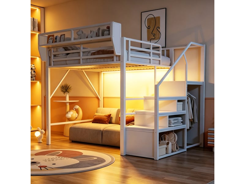  Lit mezzanine 140x200 cm avec bande led, lit surélevé en métal avec échelle sécurisée et rangements modulables, gain de place, blanc OPULERANE TRADING LTD - Conforama E