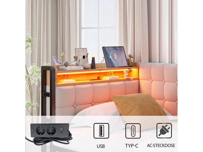  Canapé-lit 90x200 cm avec 2 tiroirs, led et ports usb-c, velours beige, sans matelas  - Conforama R