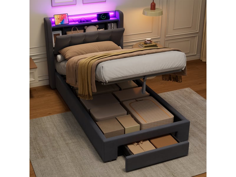  Lit coffre 90x200 cm, led, usb, rangement tête de lit et tiroir intégré  - Conforama E
