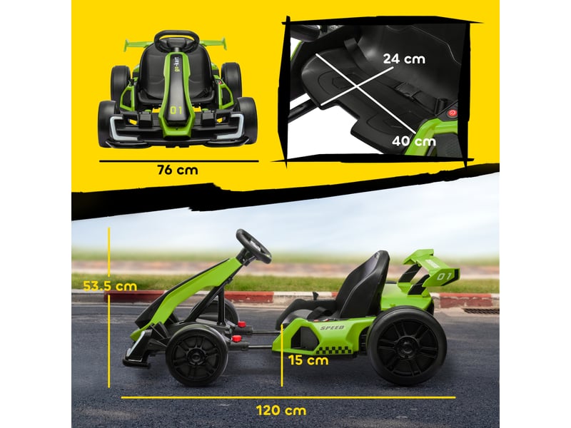  Karting électrique pour enfants de 6 à 12 ans, 24 v, 12 kmh, siège réglable, vert  - Conforama E