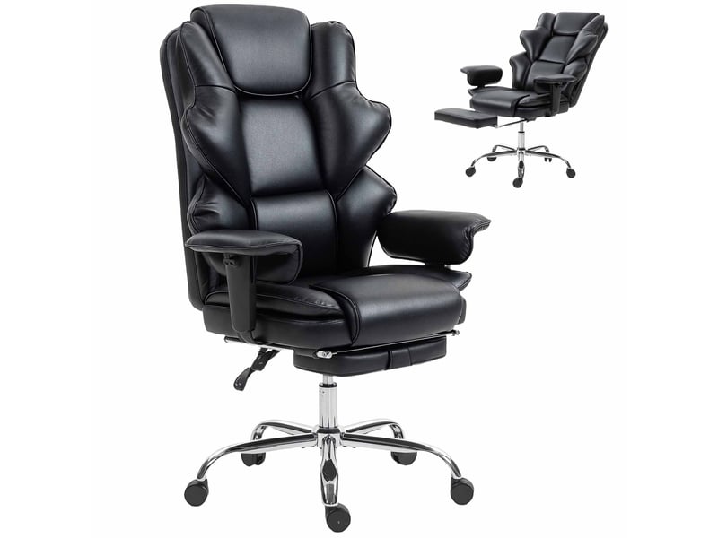 Chaise de bureau avec repose-pieds et appui-tête, cuir pu, mousse et métal, 76 x 73 x 117-125 cm, noire  - Conforama A