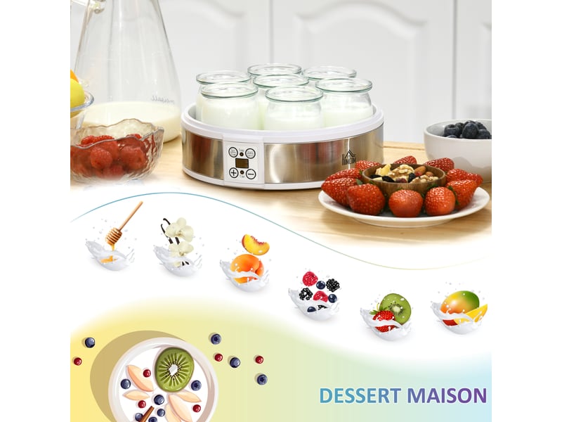 Yaourtière 7 pots de 180ml machine à yaourt électrique en acier inoxydable thermostat réglable blanc 24 x 24 x 13 cm - Conforama W