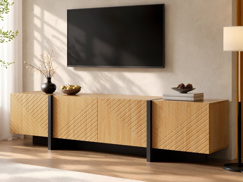  Meuble tv bas à 4 portes, 187 x 35 x 45 cm, meuble de rangement, finition effet lamelles, système de gestion des câbles, couleur naturel  - Conforama B
