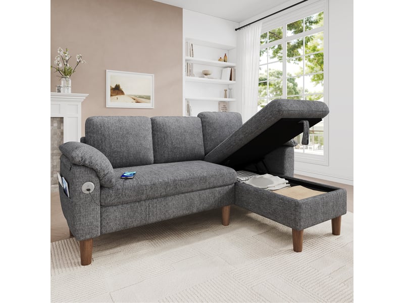  Canapé d'angle xxl 3 places 181x125 cm avec méridienne réversible, rangement intégré, usb et usb-c, tissu chenille - gris clair OPULERANE TRADING LTD - Conforama B