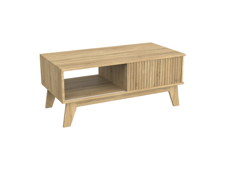  Table basse ovale 95x41x48 cm avec rangement, 1 niche, motif bois, porte coulissante, panneaux de particules, naturel  - Conforama W