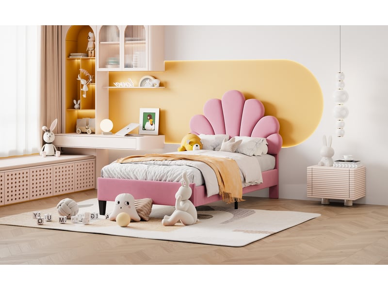  Lit simple 90x200 cm, revêtement en velours, coloris rose, tête de lit rembourrée, tête de lit florale, sommier à lattes inclus, montage facile  - Conforama E