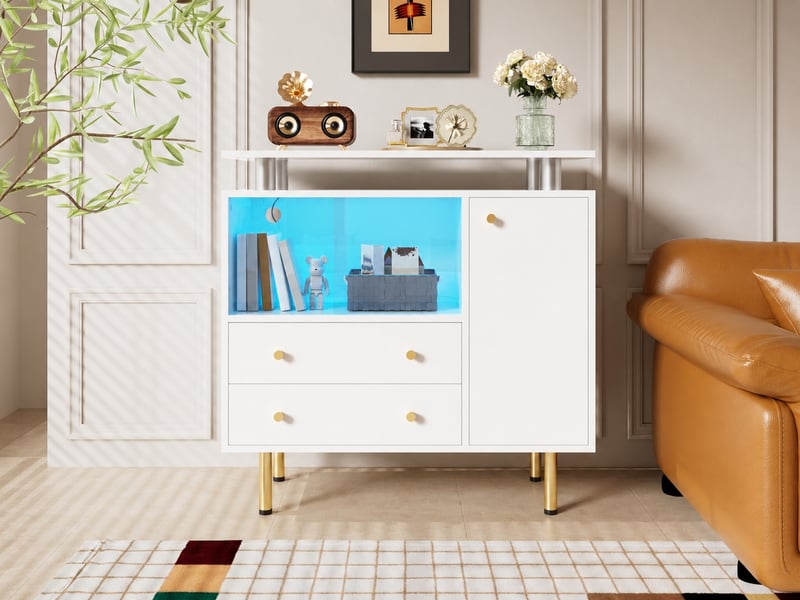  Buffet blanc avec éclairage led, 2 portes coulissantes en verre, 2 tiroirs et 1 porte, 80 × 35 × 80 cm  - Conforama D