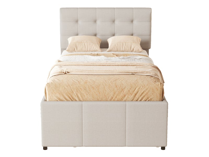  Lit simple 90x200cm, lit enfant avec trois tiroirs de rangement, lit extensible à roulettes, beige, tête de lit réglable en hauteur  - Conforama R
