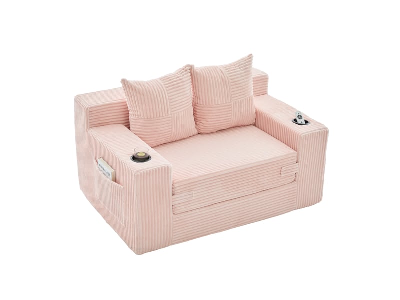 Fauteuil pouf 2 places avec coussins amovibles, poches latérales et accoudoirs, en velours côtelé rose - Conforama A