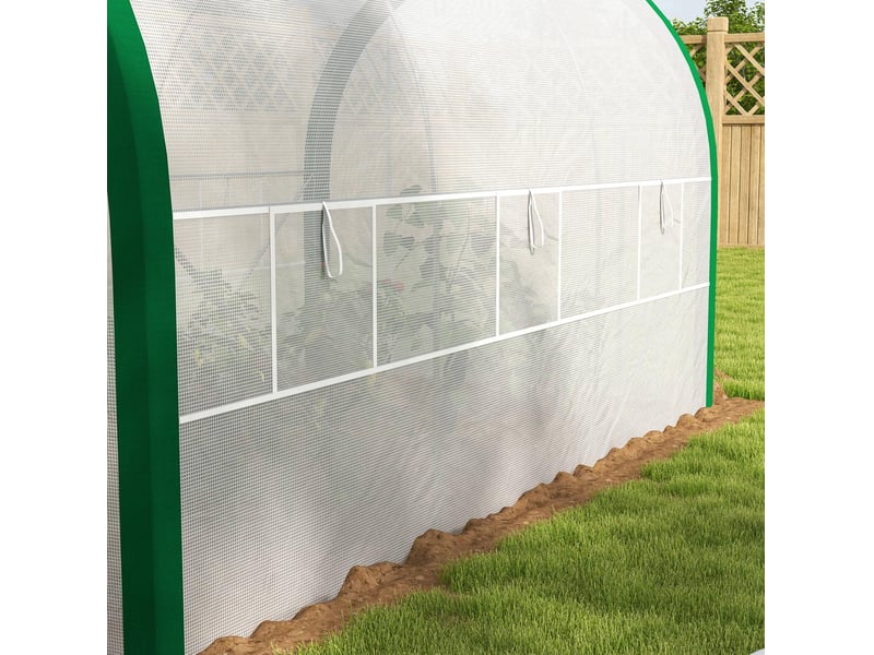  Serre tunnel de jardin 358x210x210 cm – blanche – porte enroulable, fenêtres moustiquaires, acier galvanisé  - Conforama D