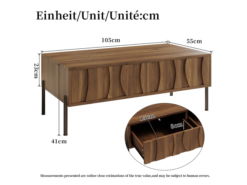  Table basse avec 2 tiroirs de rangement - lpospi - façades ondulées style rétro, pieds en métal, mdf et panneaux de particules naturel 105 × 55 × 41 cm  - Conforama D