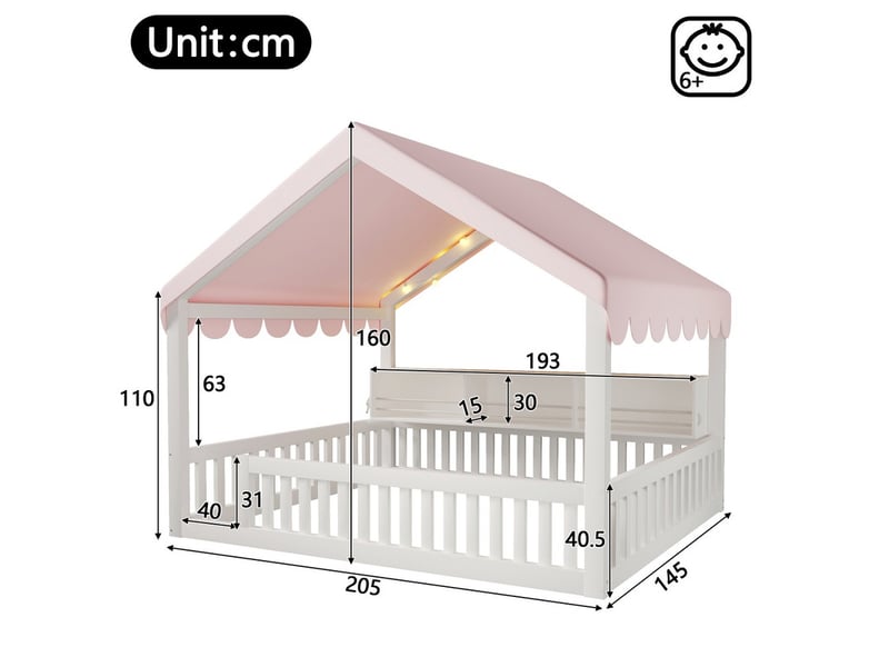  Lit cabane 140x200 cm en bois blanc avec ciel de lit, guirlande led, bibliothèque et barrières de sécurité  - Conforama C