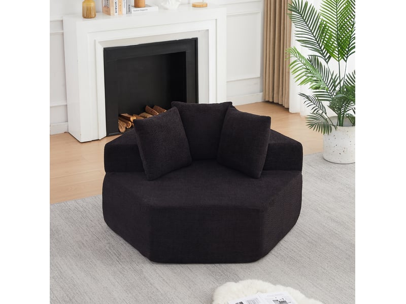 Fauteuil pouf modulaire hexagonal 1 place avec 3 coussins et dessous antidérapant en chenille noire - Conforama B