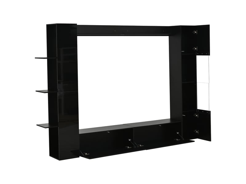 Meuble tv mural design avec vitrine réversible, ensemble de salon 4 pièces, grand espace de rangement, noir - Conforama R