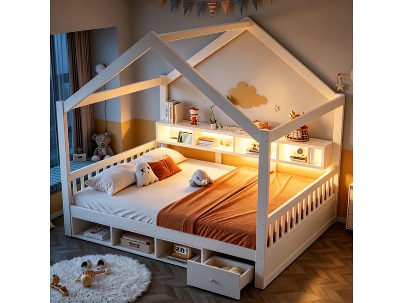  Lit cabane modenvie 140 x 200 cm avec rangements led prises et sommier blanc  - Conforama D