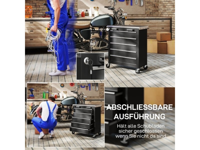  Armoire à outils mobile avec 5 tiroirs, servante d'atelier en acier argenté et noir, coffre roulant pratique pour garage  - Conforama C