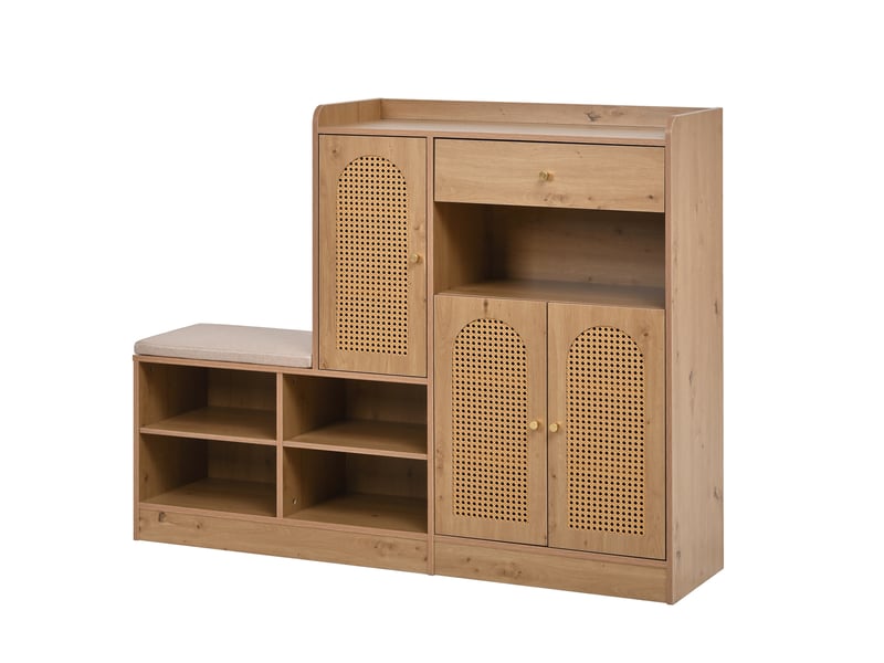  Meuble à chaussures 142x35x110 cm naturel en panneaux de particules, banc rembourré, rangement d'entrée  - Conforama D