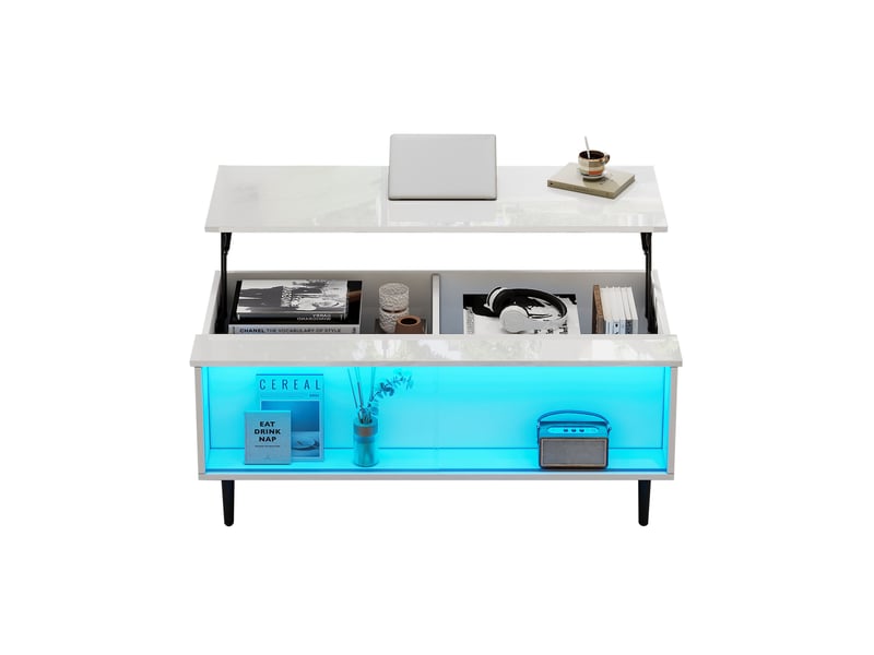  Table basse relevable 105x50 cm avec rangement caché, lumières led et portes en verre trempé, blanche brillante  - Conforama E