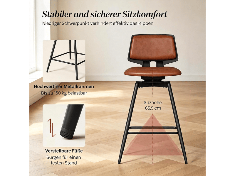 Tabourets de bar lot de 2 pivotants avec dossier ergonomique - lpospi - repose-pieds, similicuir et métal - marron  - Conforama E