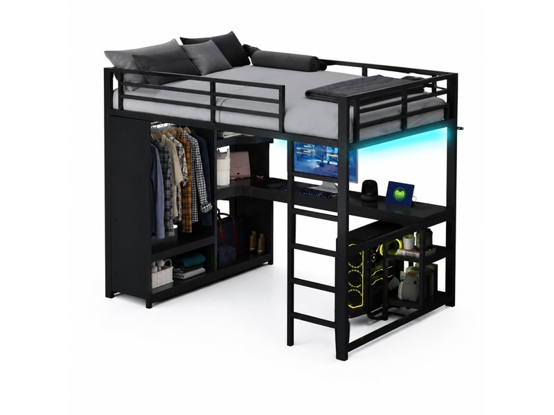  Lit mezzanine métal 140x200 cm avec led, bureau et dressing ouvert noir  - Conforama A